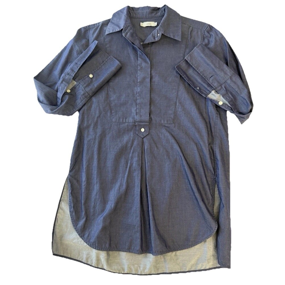 Vince Size XS Chambray High Low Popover Tunic Blue Long Sleeve Flip Cuff Preppy